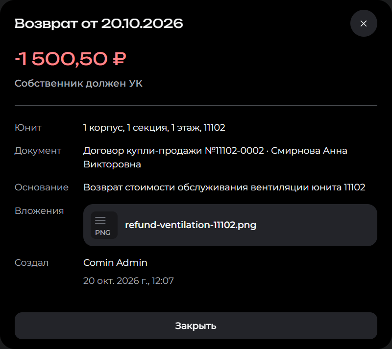 Сохранённый возврат с суммой −1500,50 ₽, направлением, документом, основанием и вложением